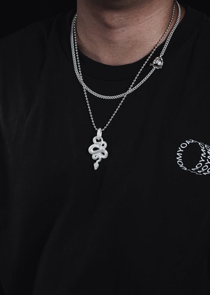 Close-up of a stylish snake pendant necklace worn over a black t-shirt, perfect for modern fashion.